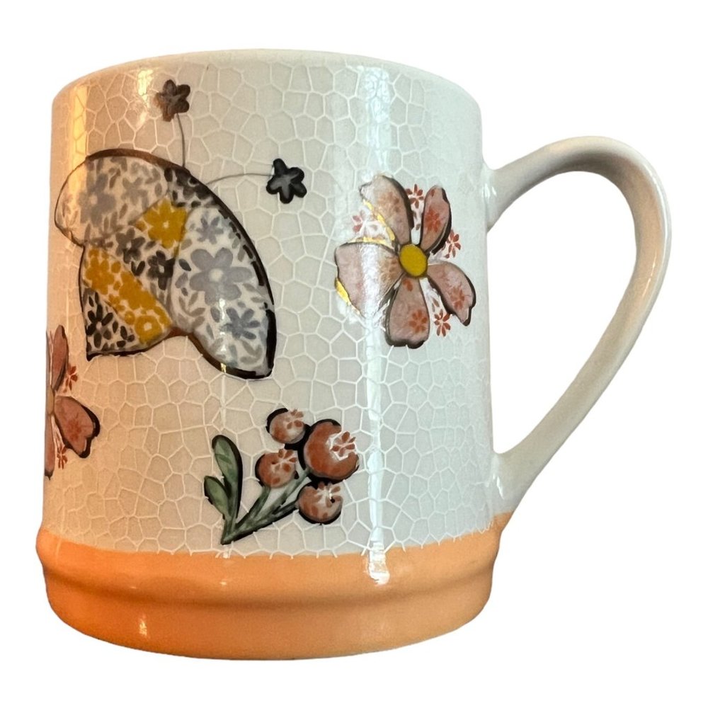 Seeds and Sunshine Coffee Mug, Cup Orange Bees and Flowers Gold Trim